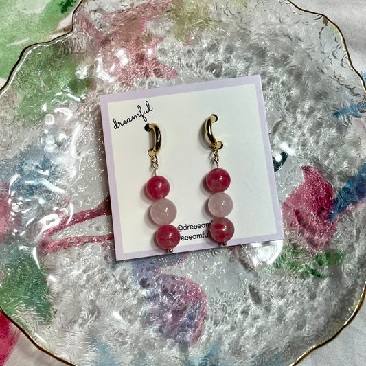 24k gold plated ice rhodonite & rose quartz crystal earrings