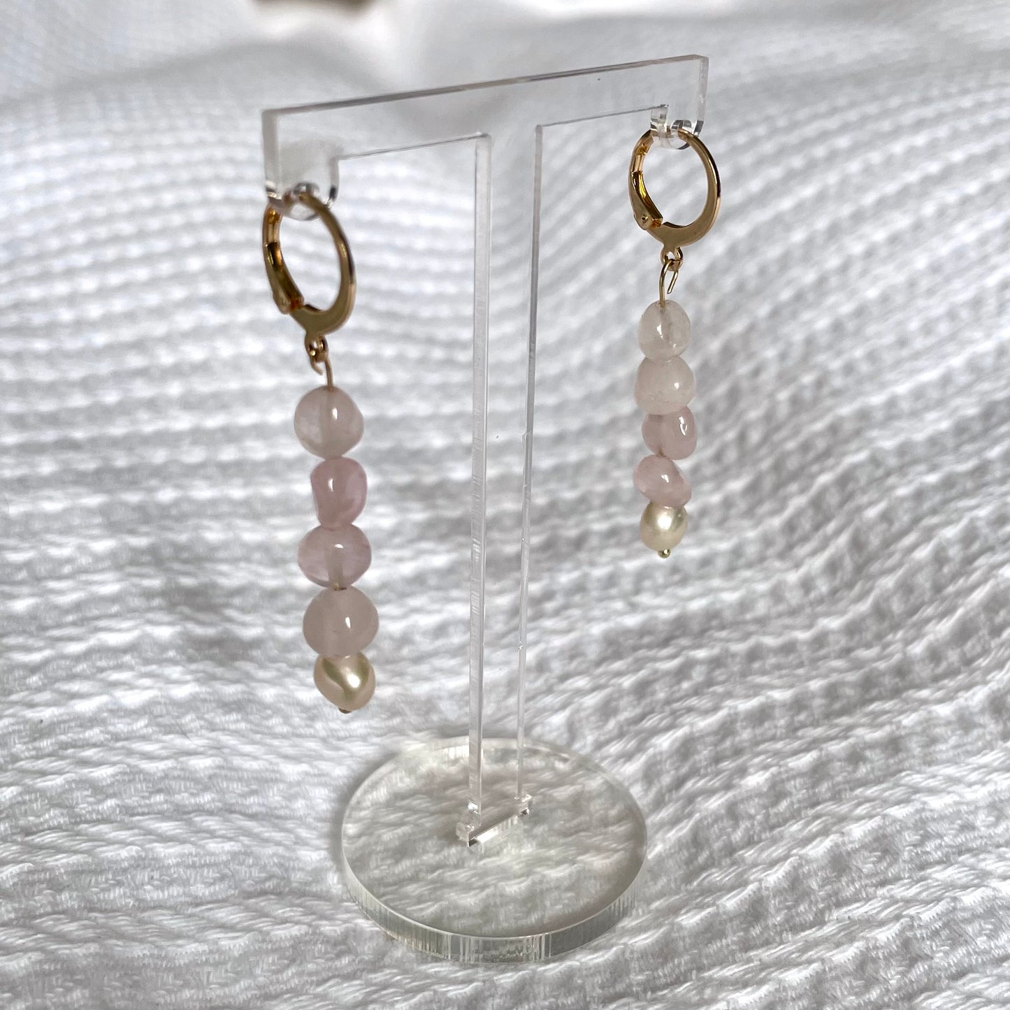 18k gold plated rose quartz & pearl earrings