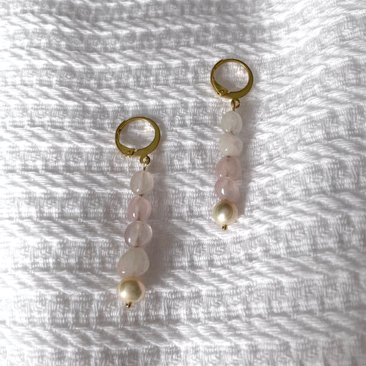 18k gold plated rose quartz & pearl earrings