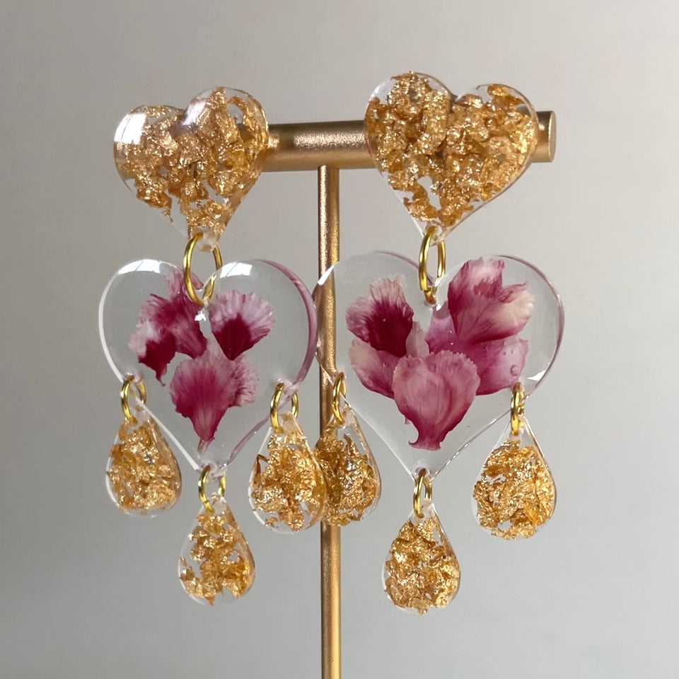 pink carnation chandelier heart earrings