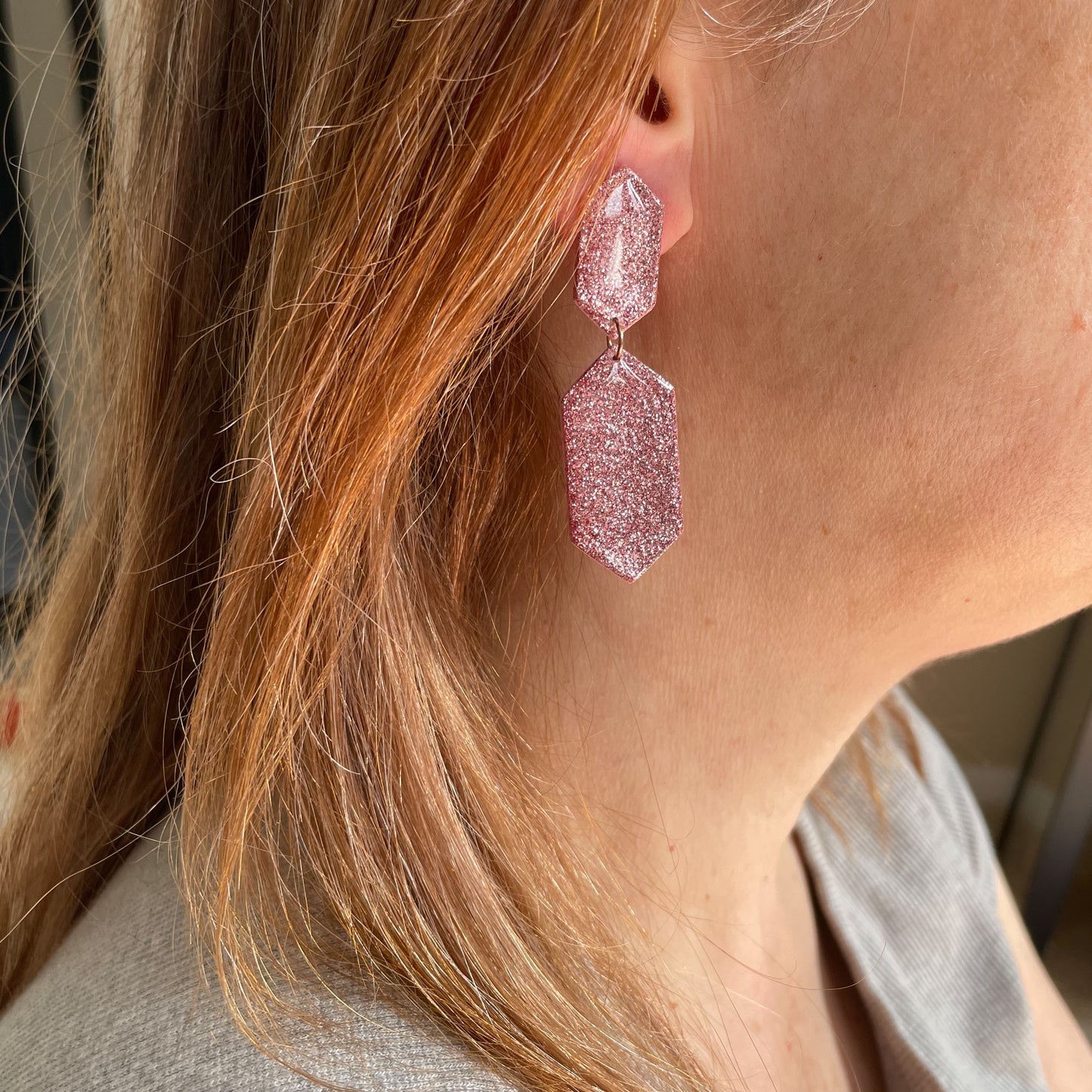 pink glitter drop earrings