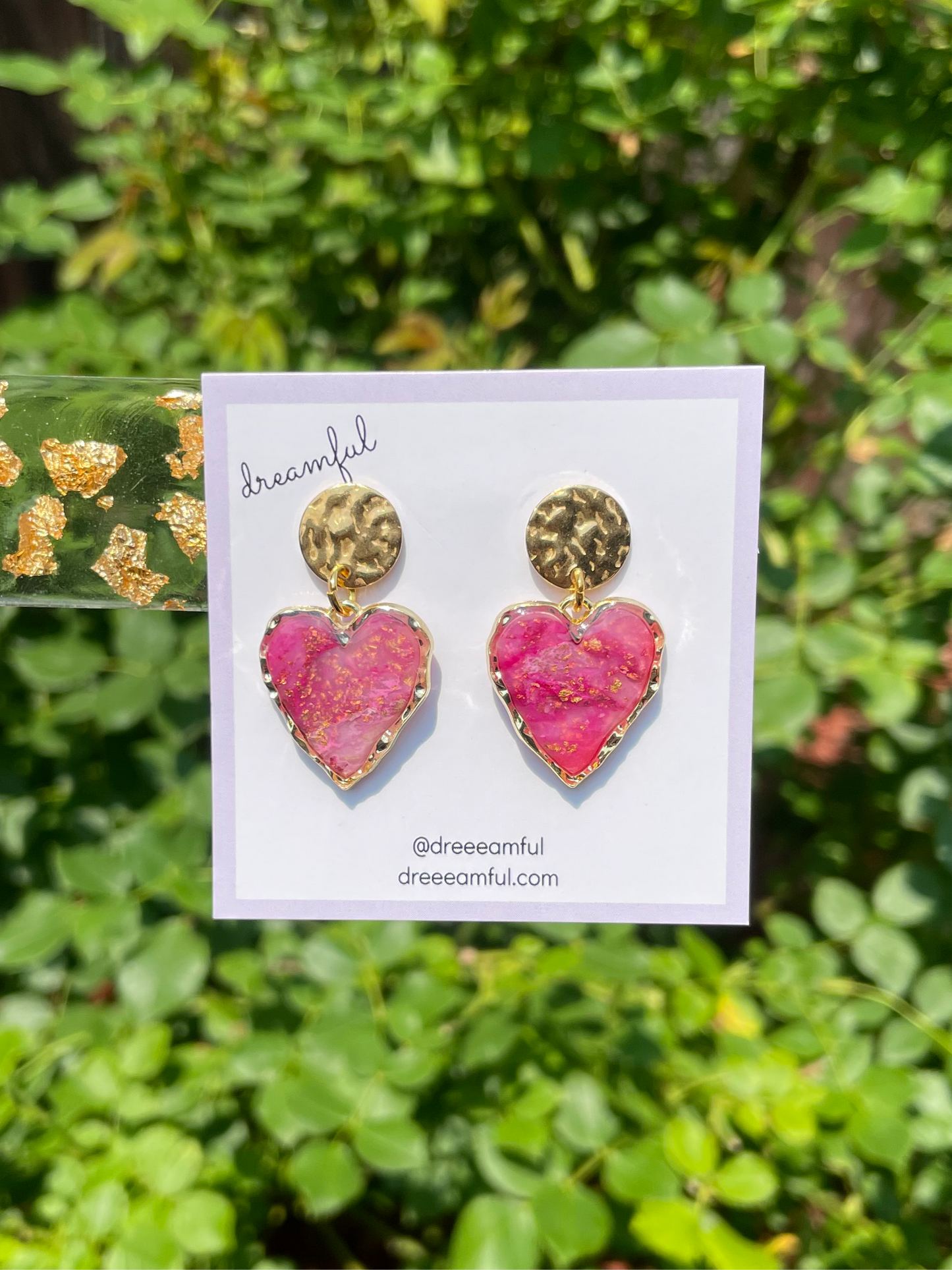 18k gold plated strawberry marble hearts - handmade polymer clay earrings