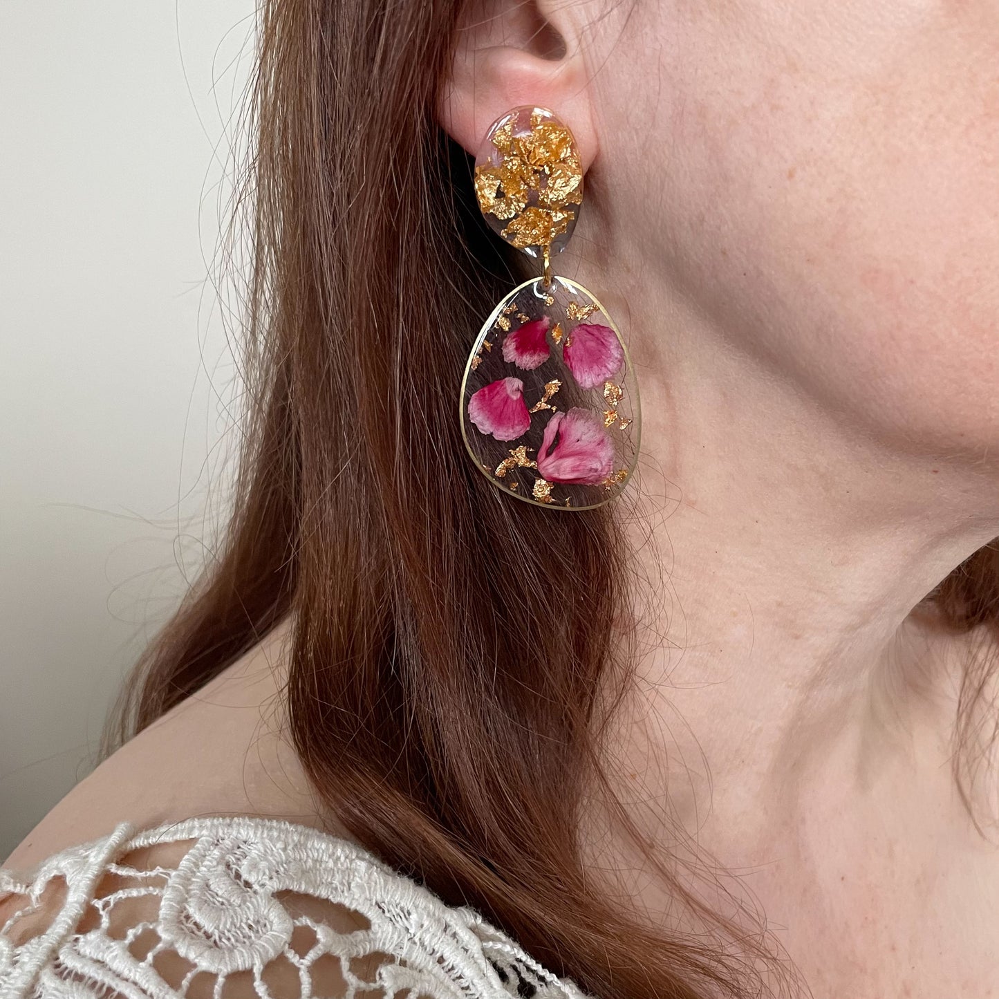 pink carnation & gold leaf dangle earrings