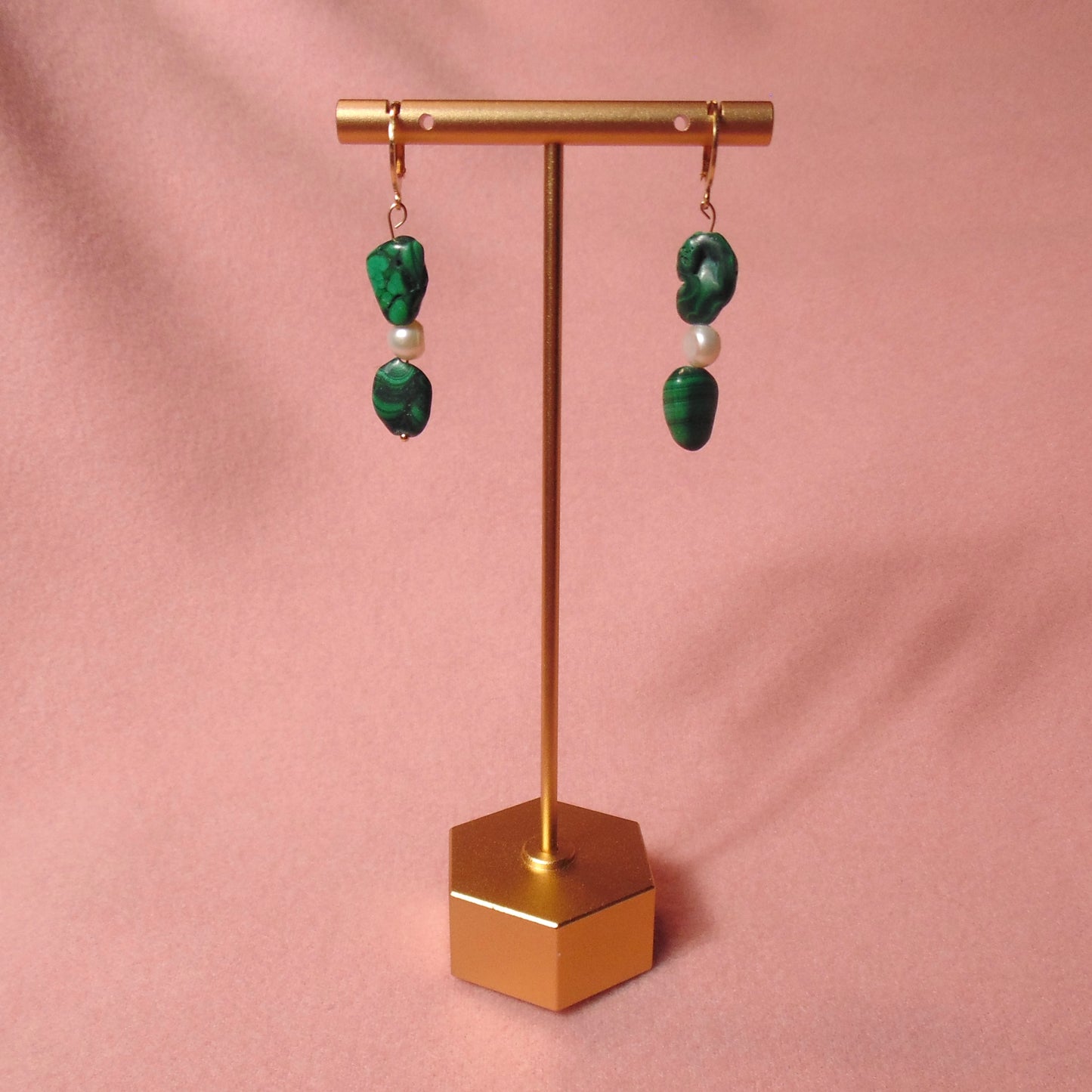 18k gold plated malachite & pearl earrings