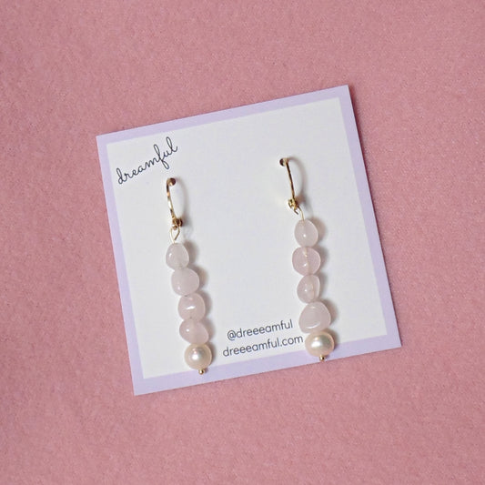 18k gold plated rose quartz & pearl earrings