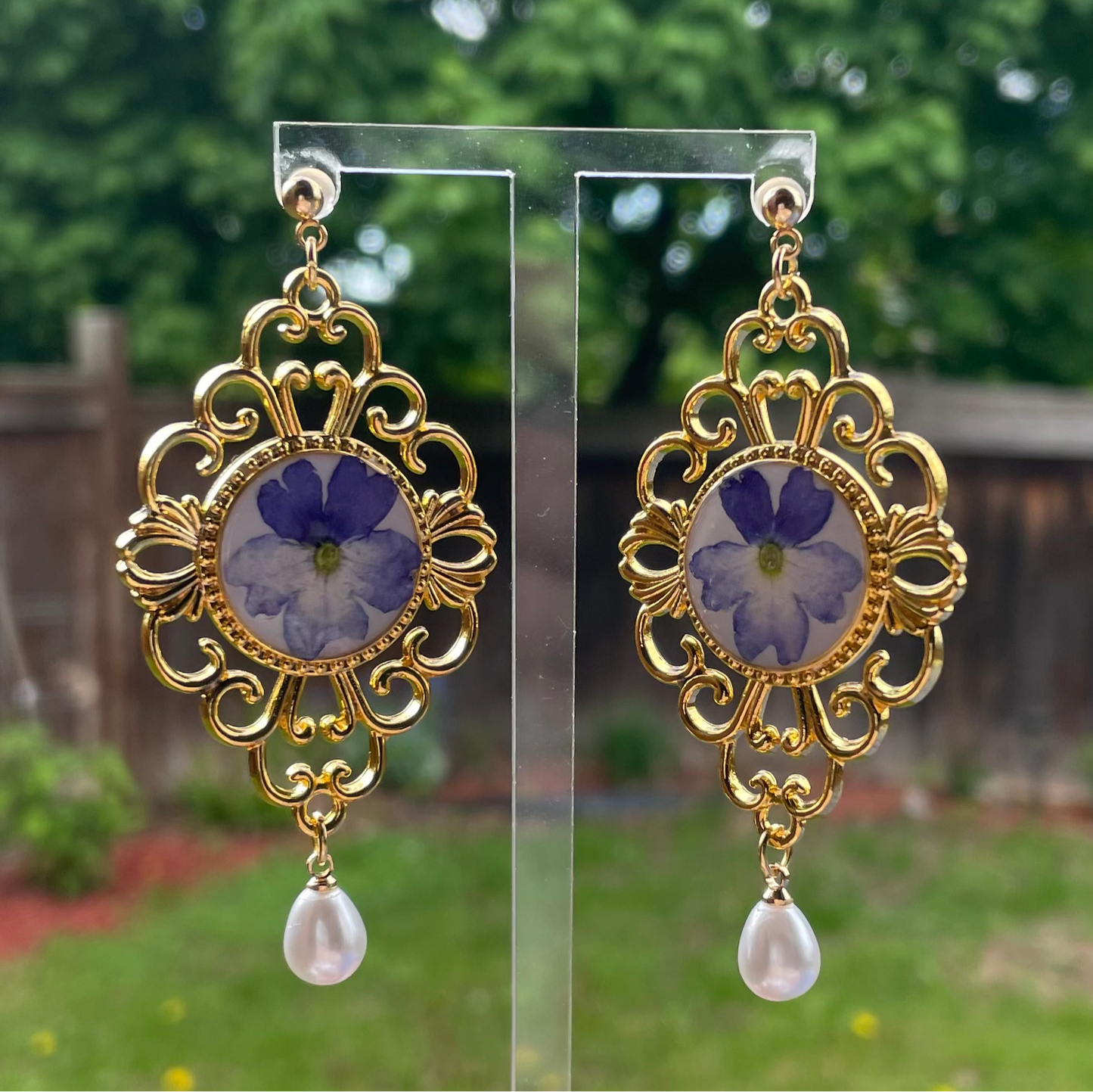 baroque blue - handmade preserved flower earrings