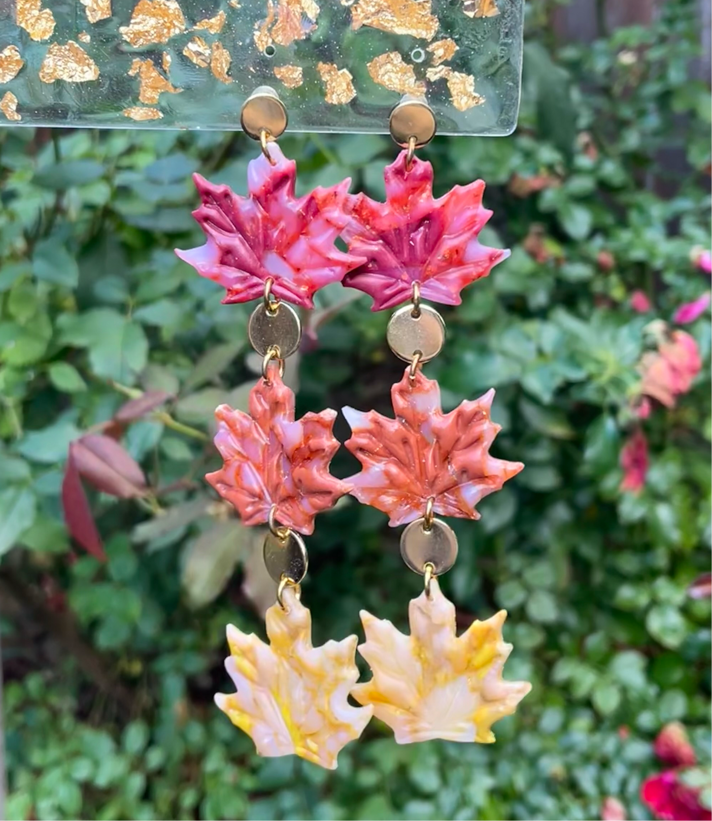 real 18k gold plated autumn leaf earrings - handmade polymer clay earrings