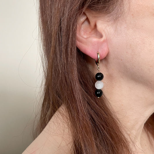 24k gold plated obsidian & moonstone crystal earrings