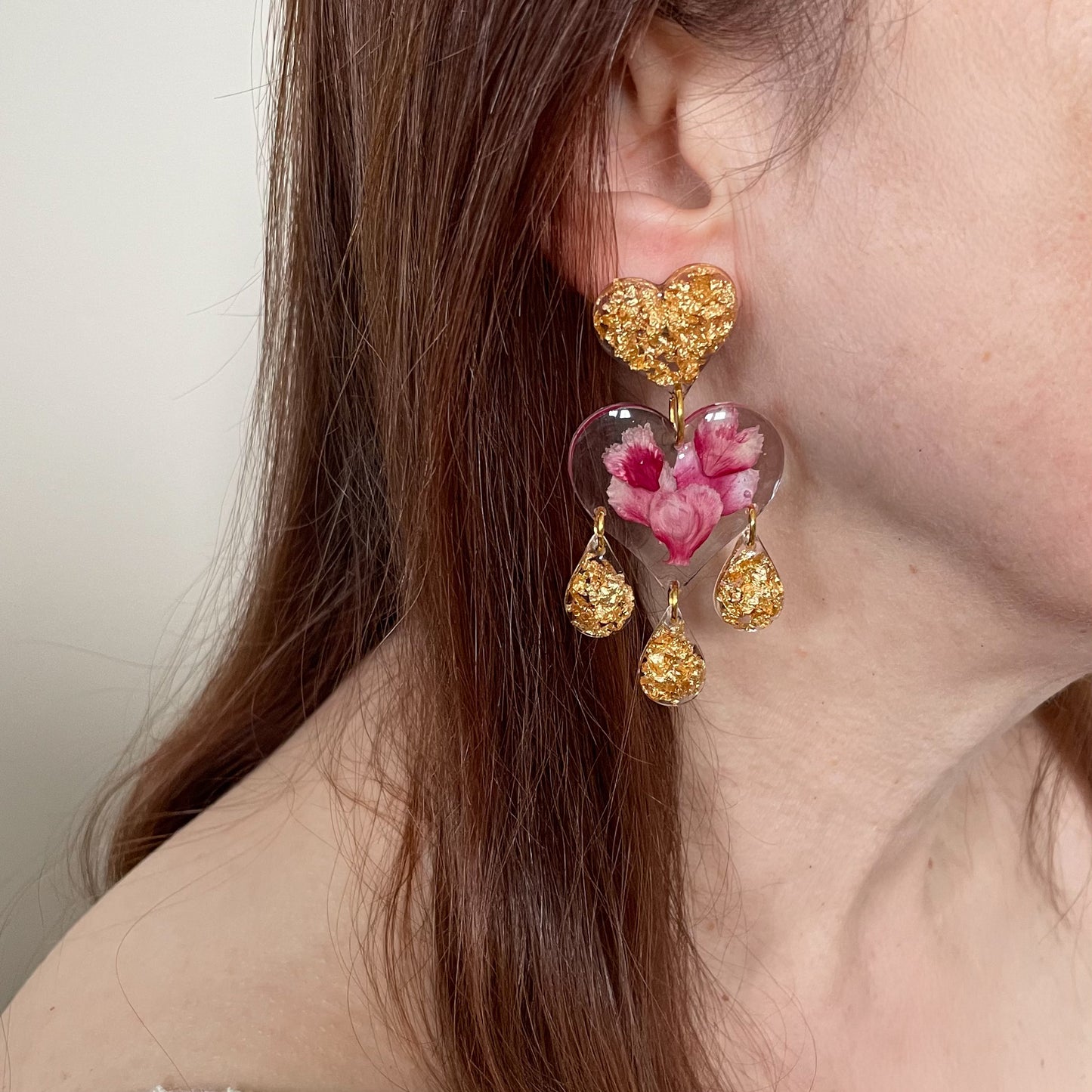 pink carnation chandelier heart earrings