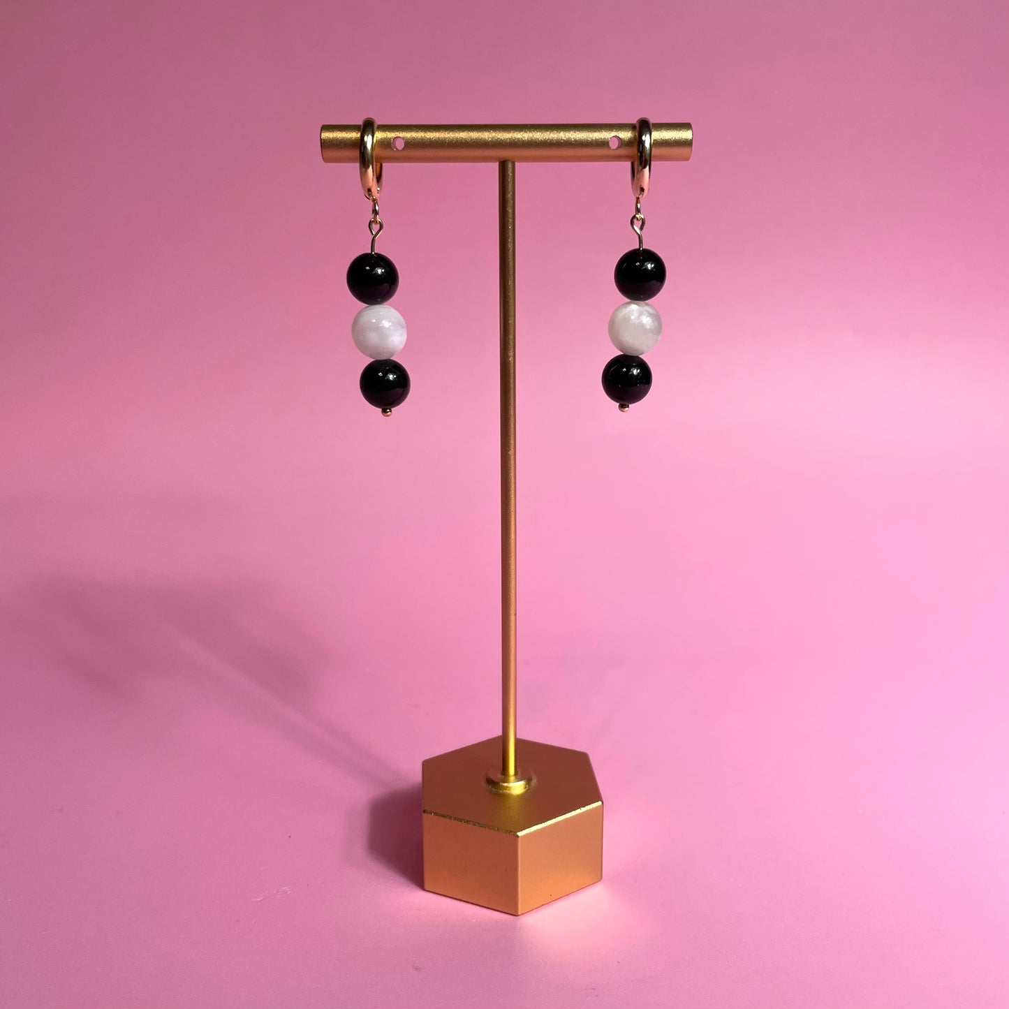 24k gold plated obsidian & moonstone crystal earrings