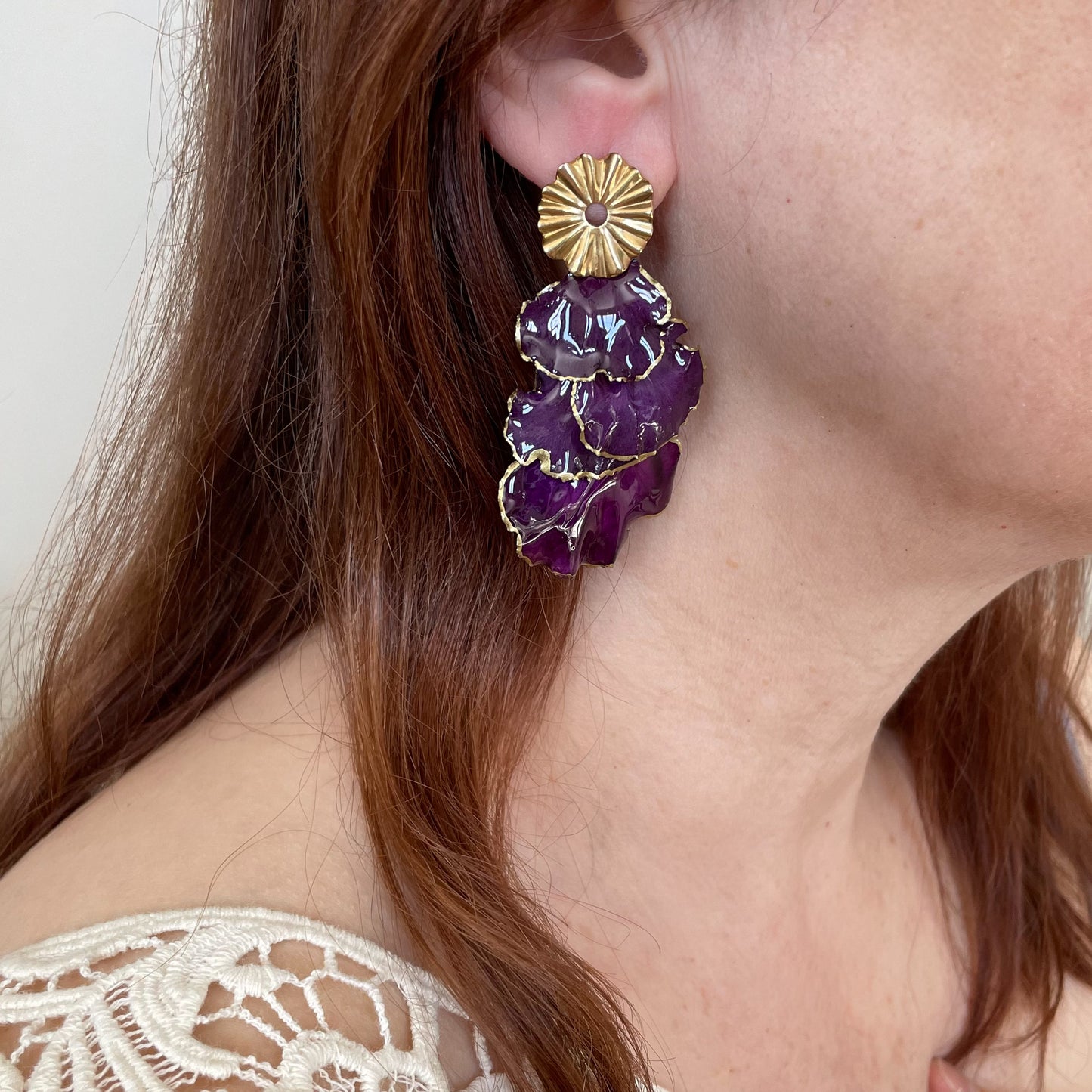 purple carnation petal earrings