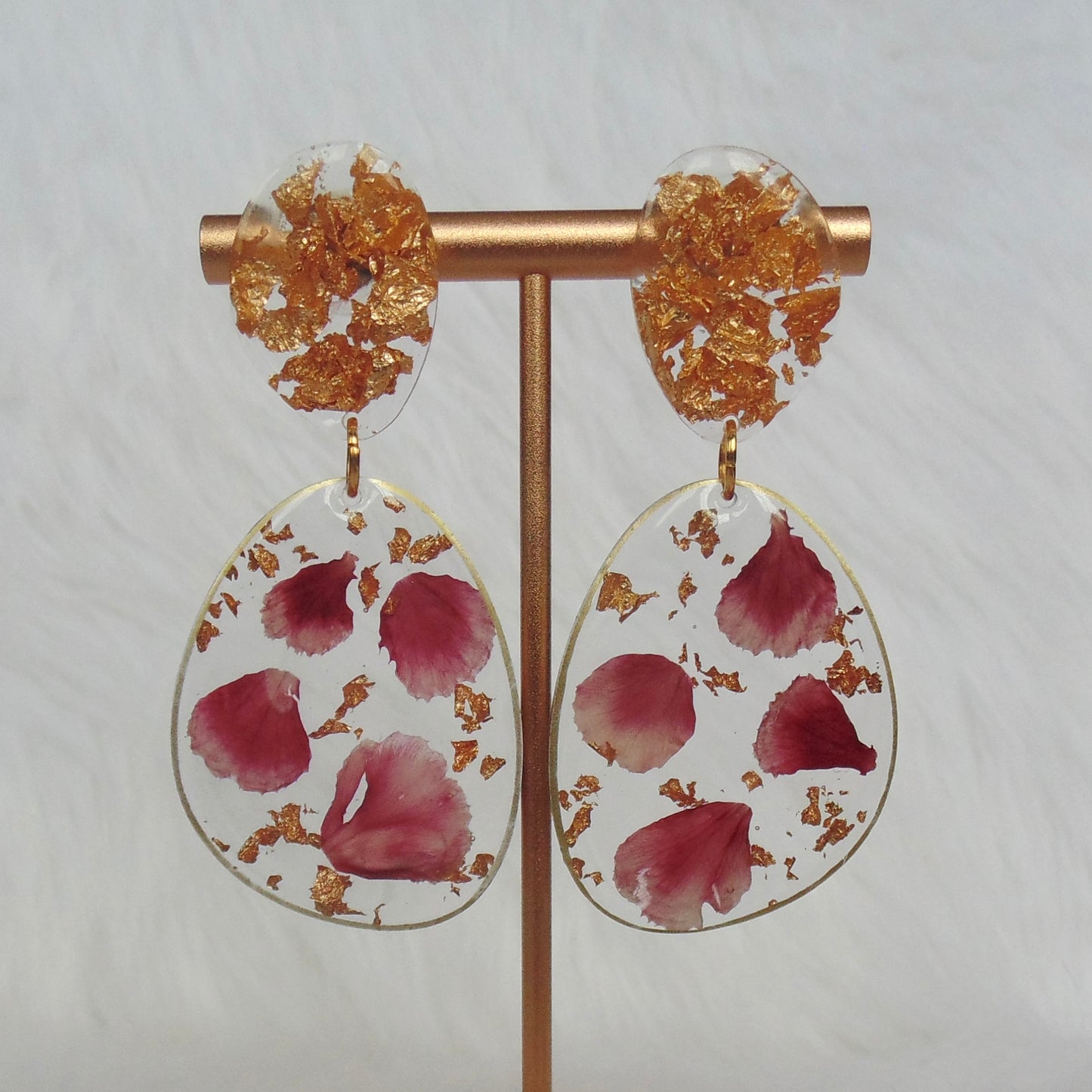 pink carnation & gold leaf dangle earrings