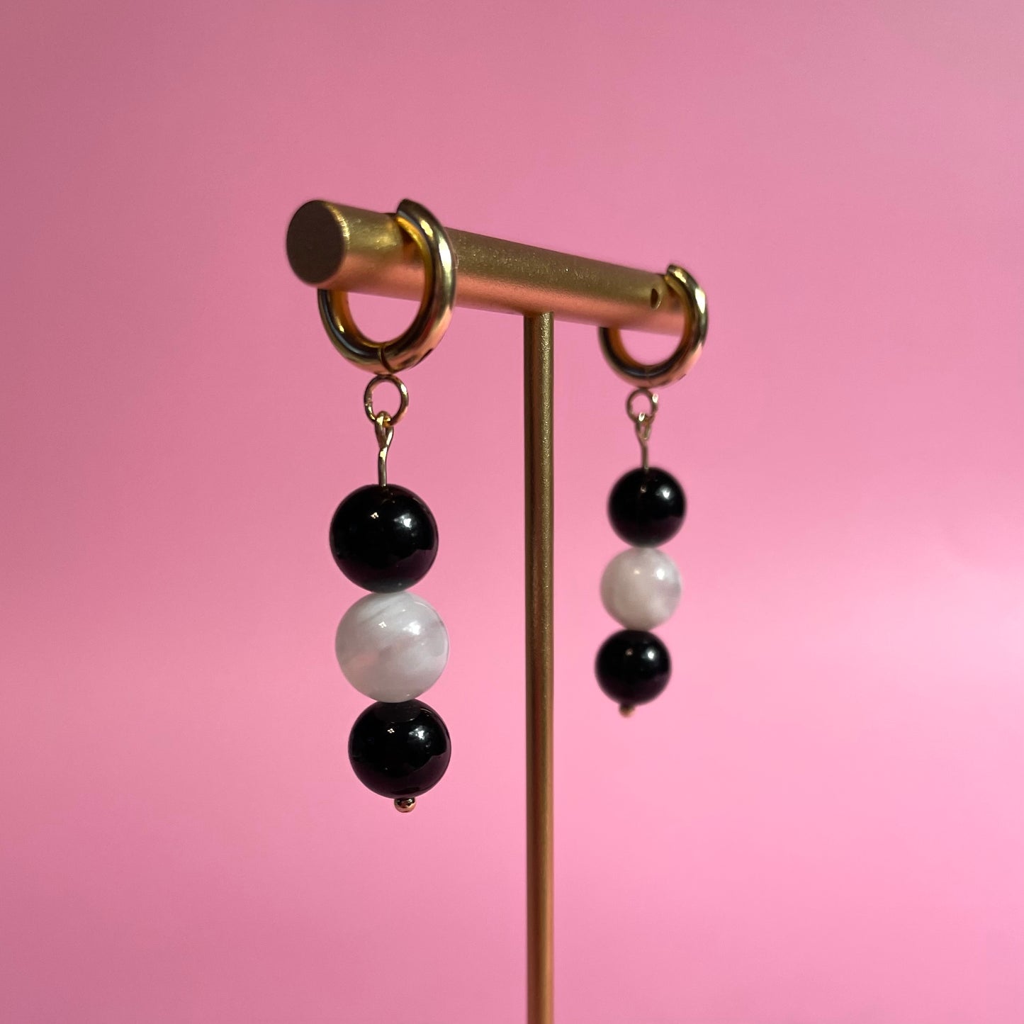 24k gold plated obsidian & moonstone crystal earrings