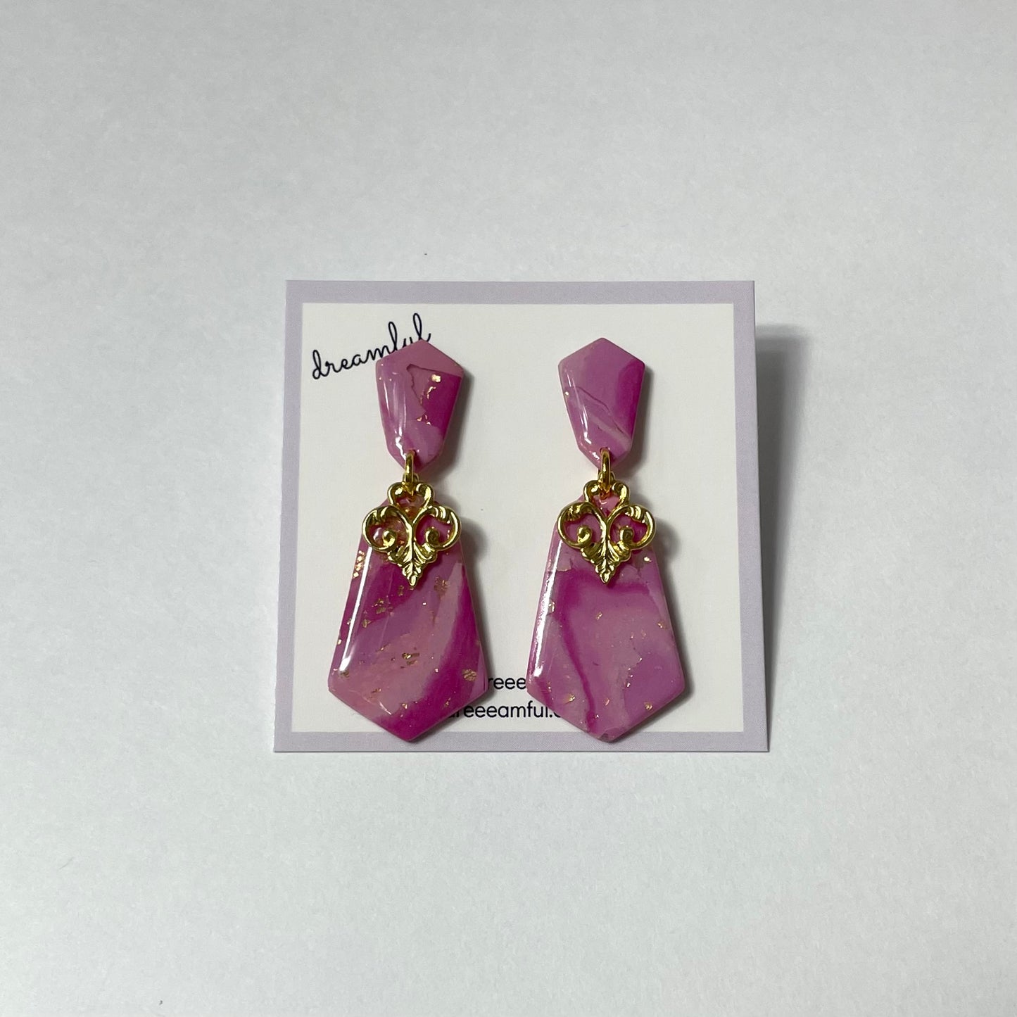 pink with gold charm - handmade polymer clay earrings